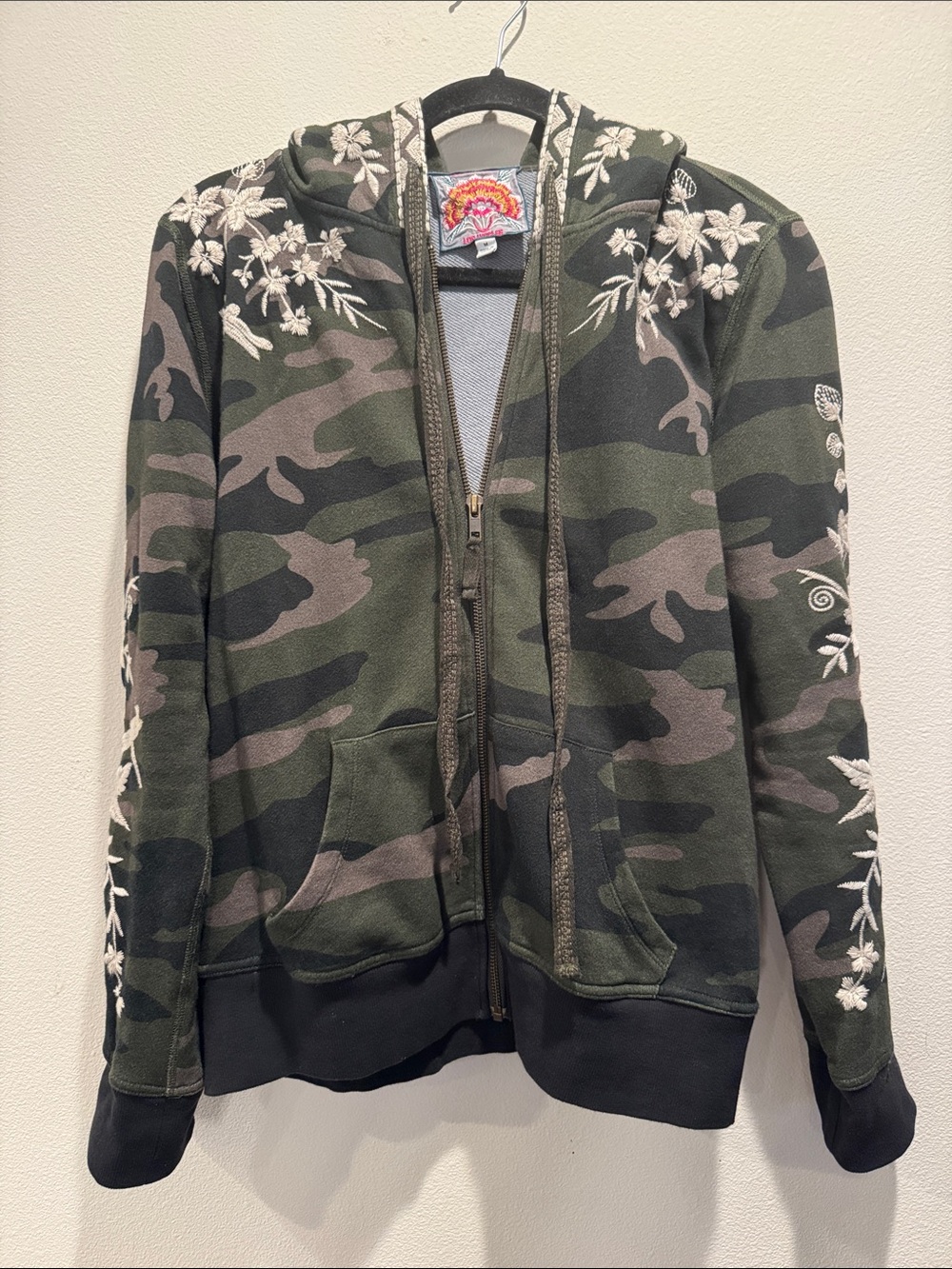 Johnny Was Green Camo Embroidered Zip-Up Hoodie